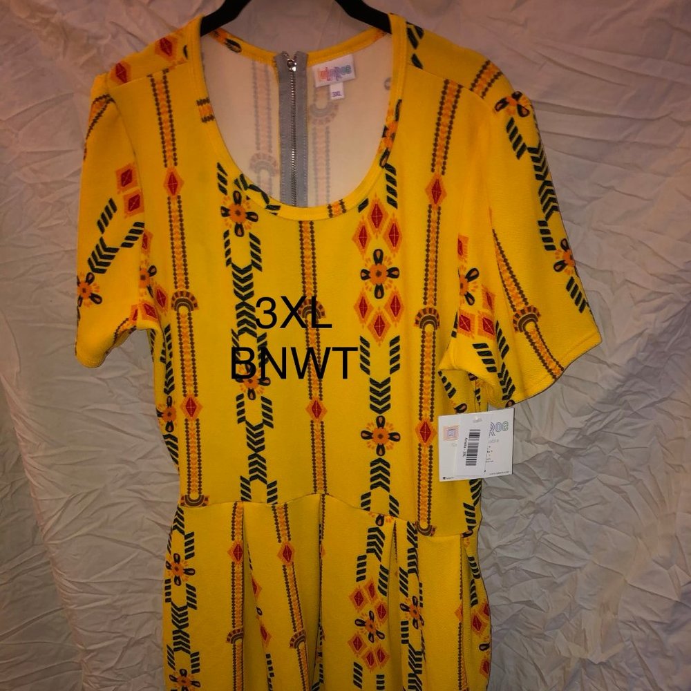 LULAROE AMELIA -NWT 3XL YELLOW WITH BLUE PATTERN